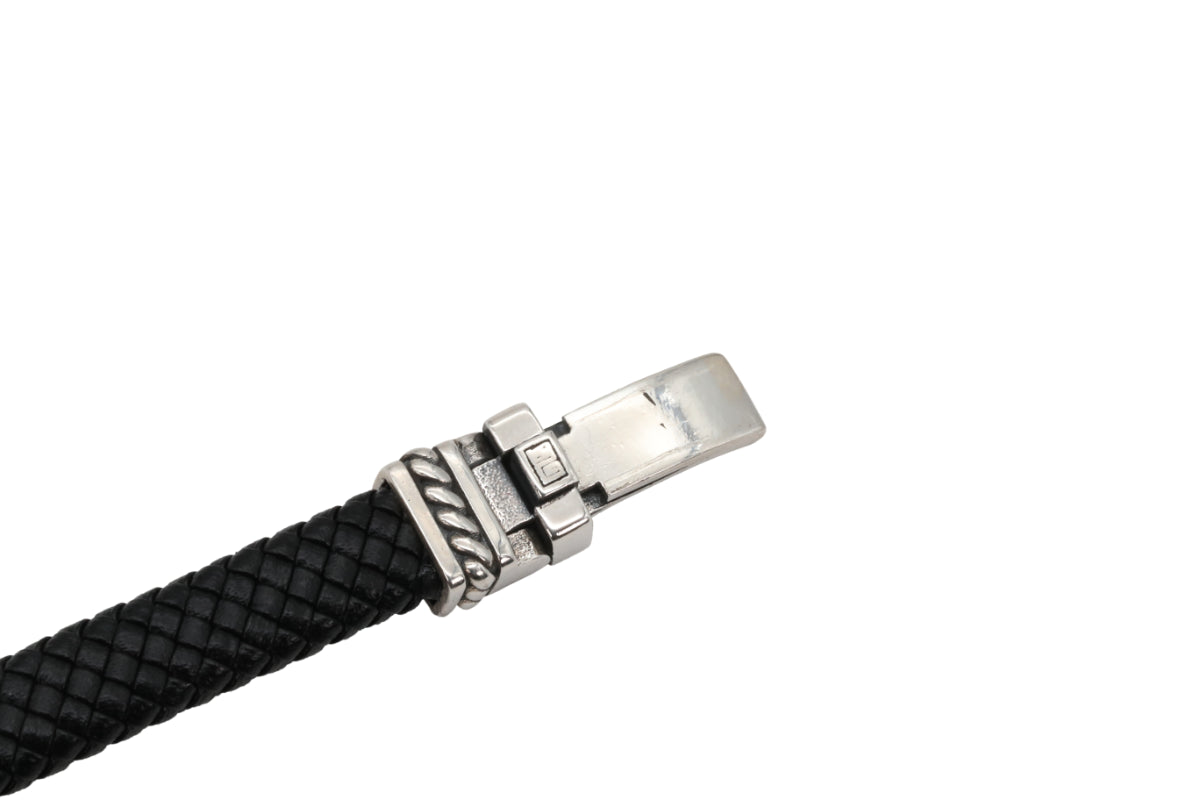 Braided Black Leather Bracelet with Detailed Steel Clasp