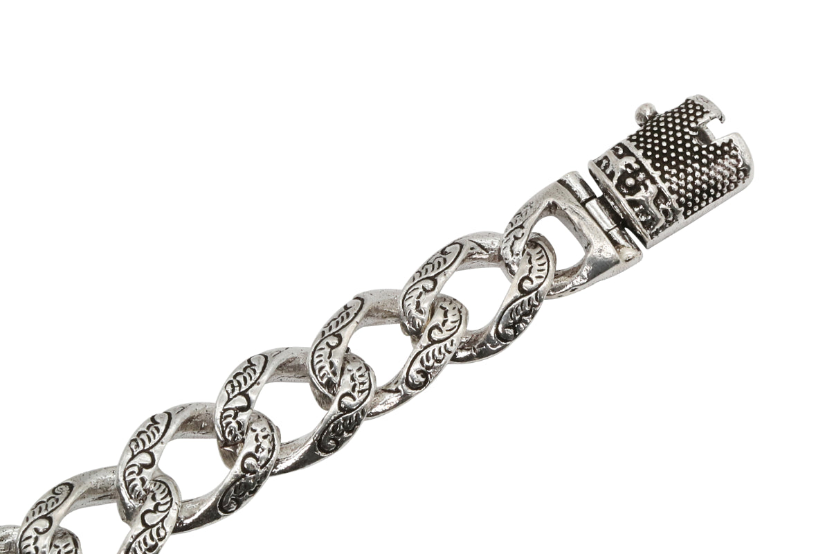Intricately Etched Oxidized Silver Chain Bracelet