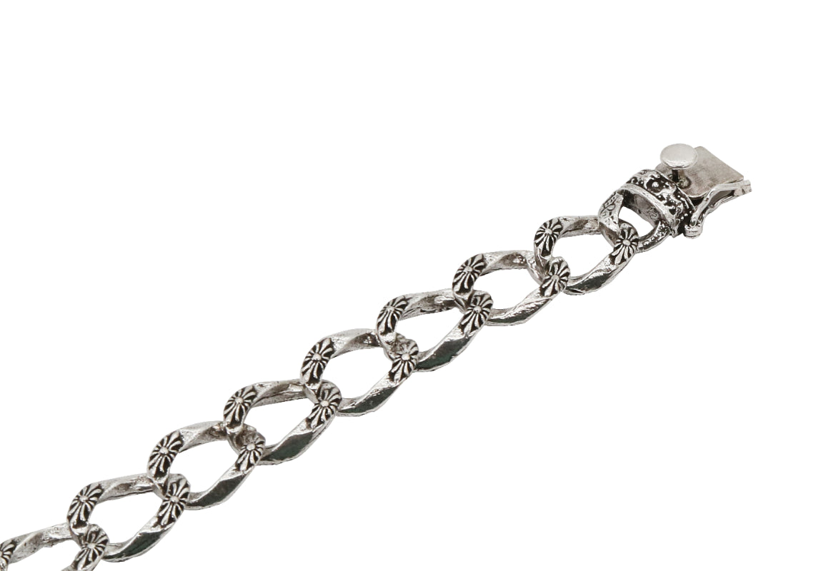 Floral Etched Oxidized Silver Chain Bracelet