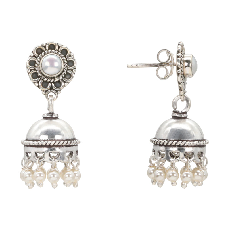 Lustrous Floral Silver Jhumka Earrings