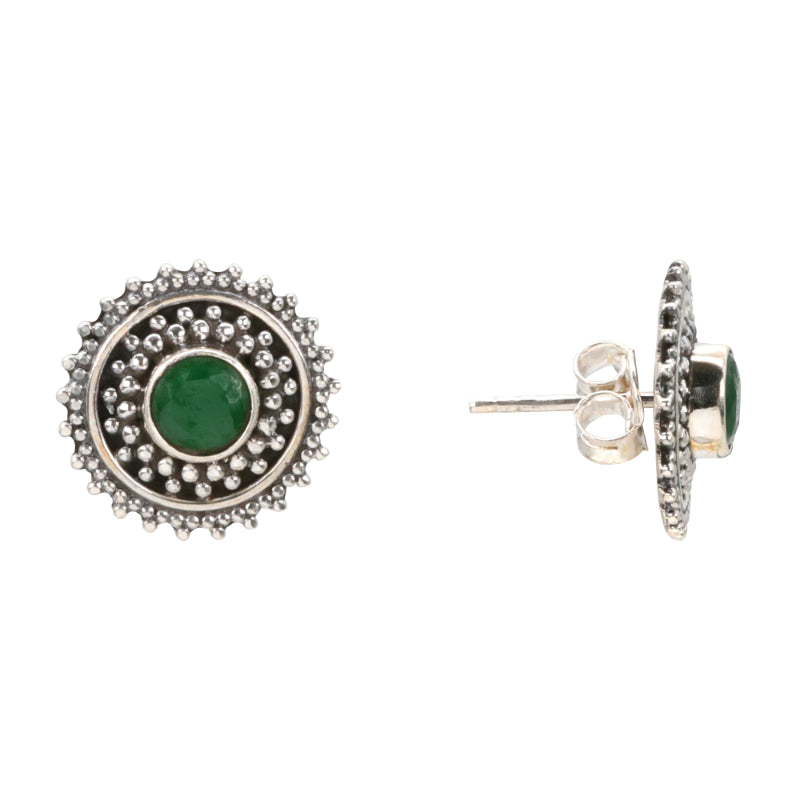 Emerald Aura Antique Silver Stud Earrings