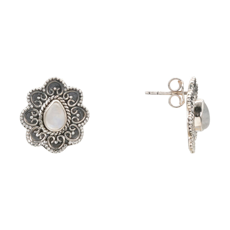 Mystic Bloom Antique Silver Stud Earrings with Moonstone