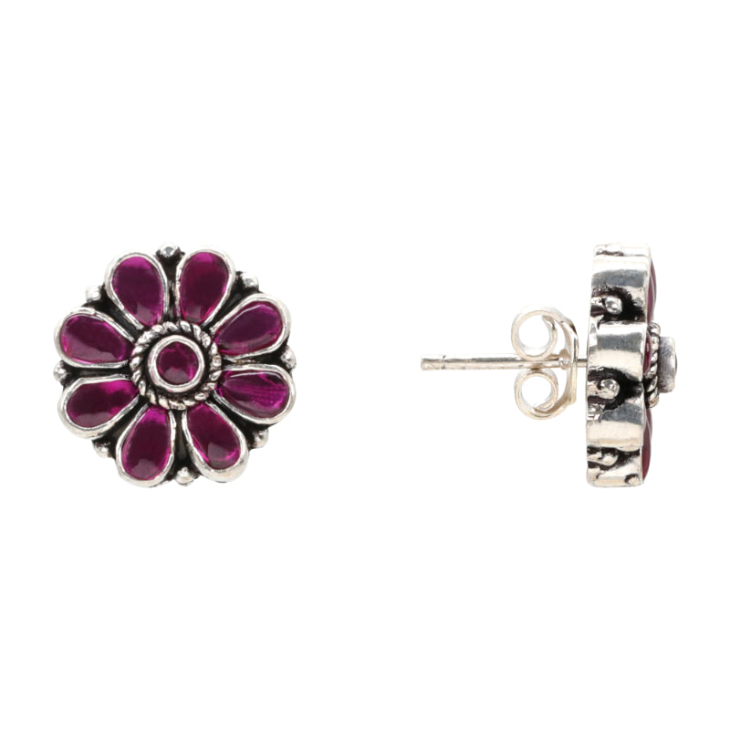 Crimson Petal Antique Silver Stud Earrings