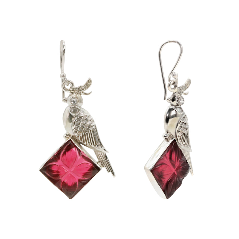 Parrot & Carved Red Stone Drop Earrings