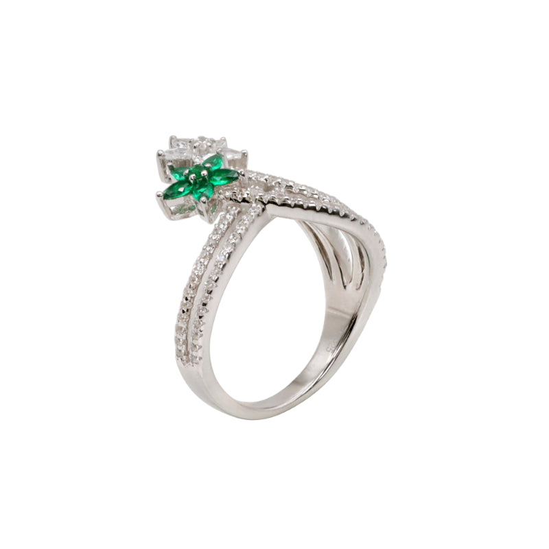 Silver & Green Gemstone Floral Ring
