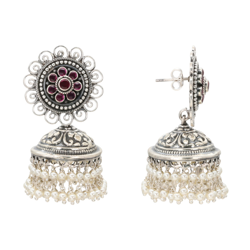 Crimson Jhumka Pearl Silver Set