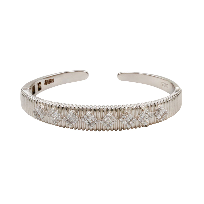 92.5 Hallmark Silver Ribbed Cuff Bracelet with Cubic Zirconia