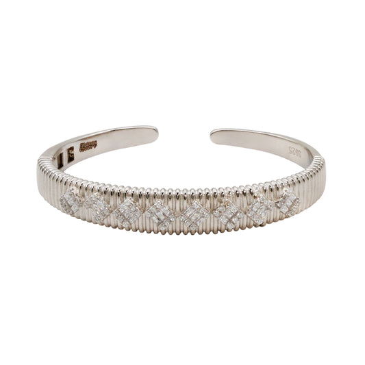 92.5 Hallmark Silver Ribbed Cuff Bracelet with Cubic Zirconia