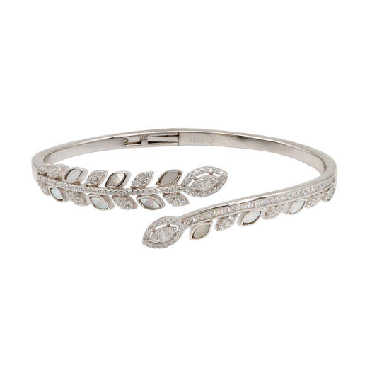 92.5 Hallmark Silver Cubic Zirconia and White Enamel Leaf Bracelet