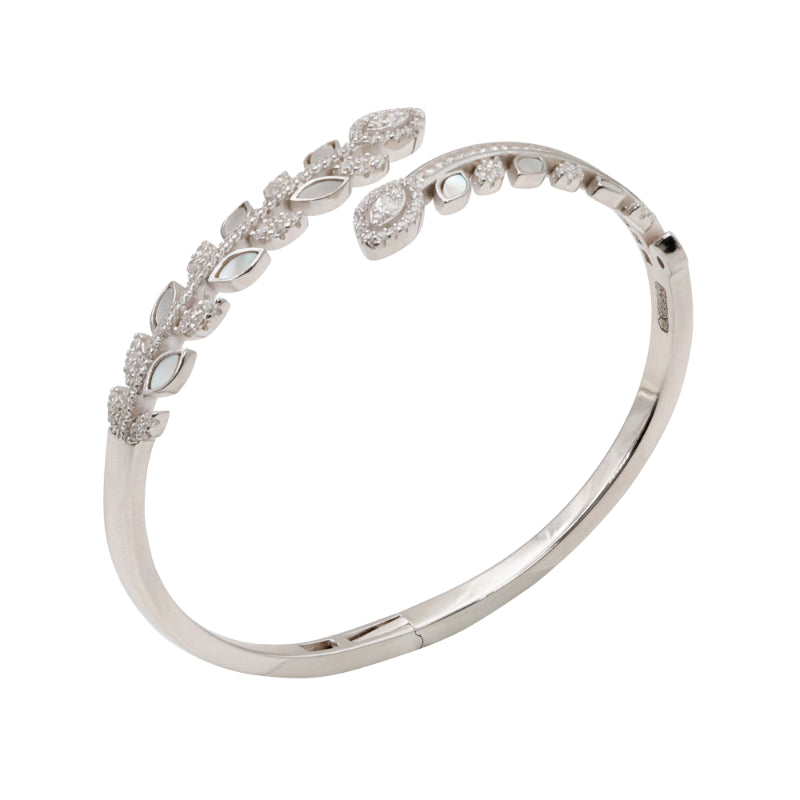 92.5 Hallmark Silver Cubic Zirconia and White Enamel Leaf Bracelet