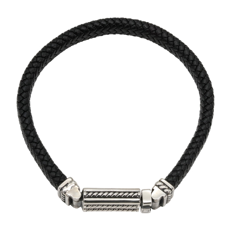 Braided Black Leather Bracelet with Detailed Steel Clasp