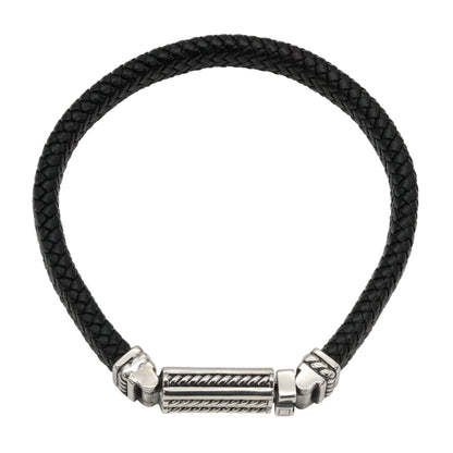Braided Black Leather Bracelet with Detailed Steel Clasp