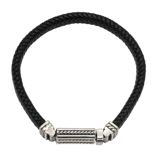 Braided Black Leather Bracelet with Detailed Steel Clasp
