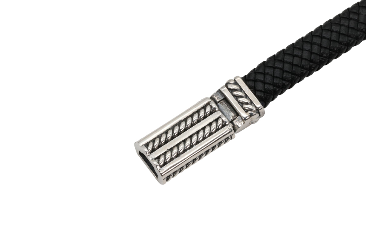 Braided Black Leather Bracelet with Detailed Steel Clasp