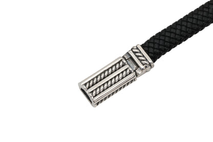 Braided Black Leather Bracelet with Detailed Steel Clasp