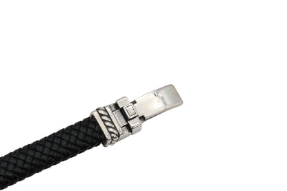 Braided Black Leather Bracelet with Detailed Steel Clasp