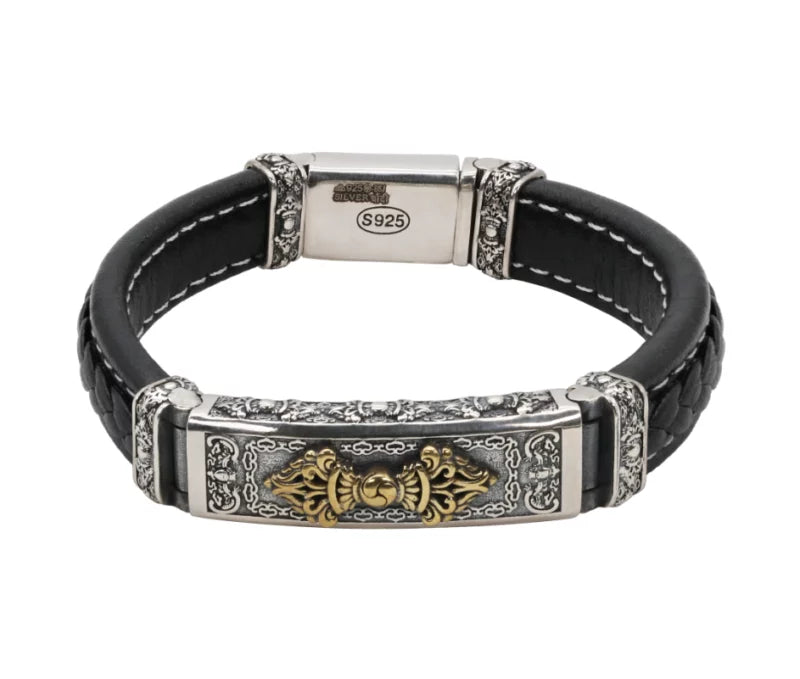 Braided Black Leather Bracelet with Sterling Silver and Gold-Toned Accent Plate