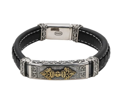 Braided Black Leather Bracelet with Sterling Silver and Gold-Toned Accent Plate