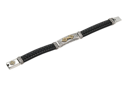 Braided Black Leather Bracelet with Sterling Silver and Gold-Toned Accent Plate