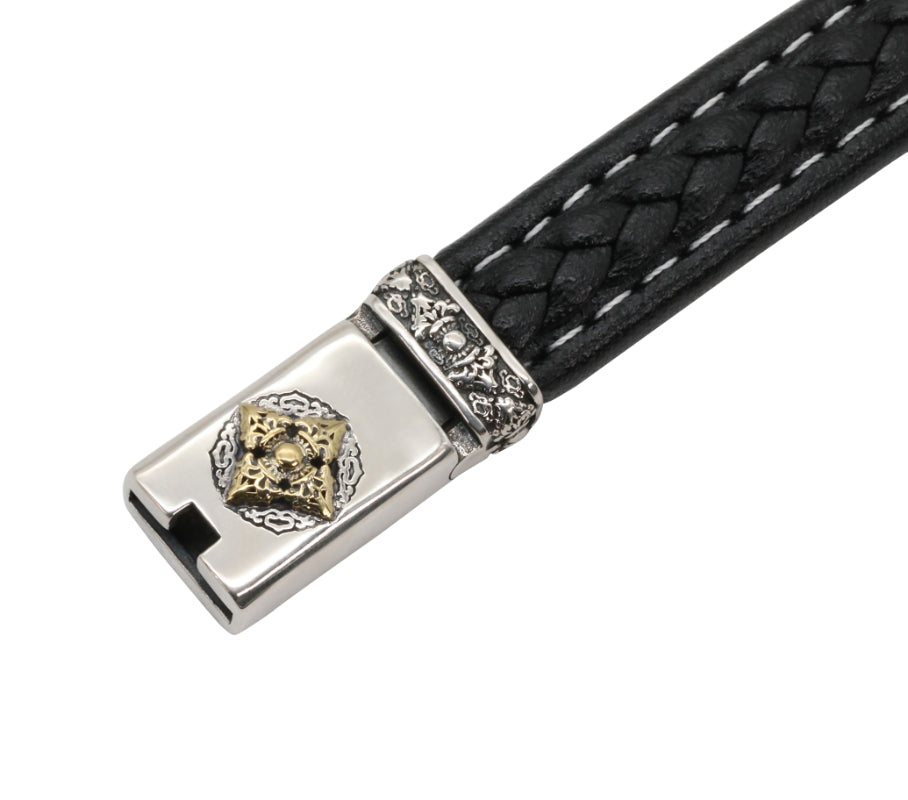 Braided Black Leather Bracelet with Sterling Silver and Gold-Toned Accent Plate