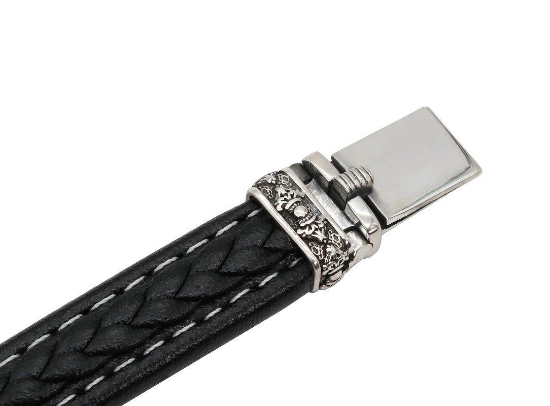 Braided Black Leather Bracelet with Sterling Silver and Gold-Toned Accent Plate