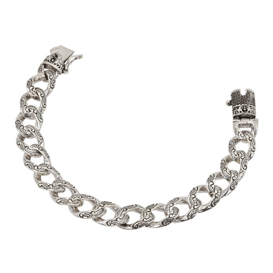 Intricately Etched Oxidized Silver Chain Bracelet