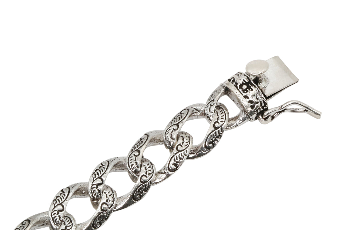 Intricately Etched Oxidized Silver Chain Bracelet