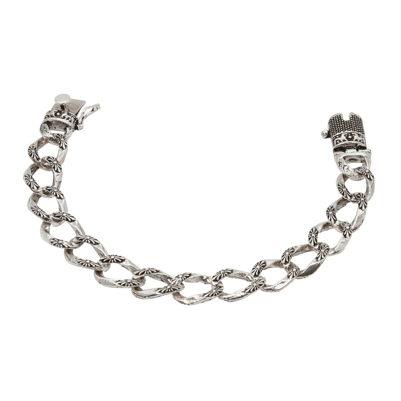 Floral Etched Oxidized Silver Chain Bracelet