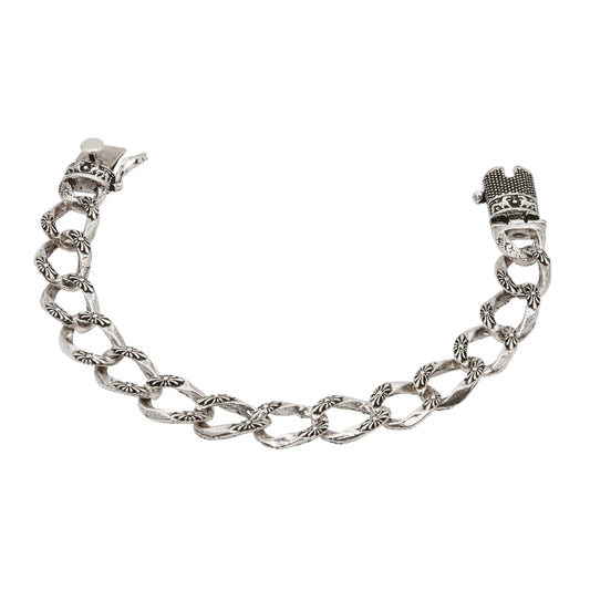 Floral Etched Oxidized Silver Chain Bracelet