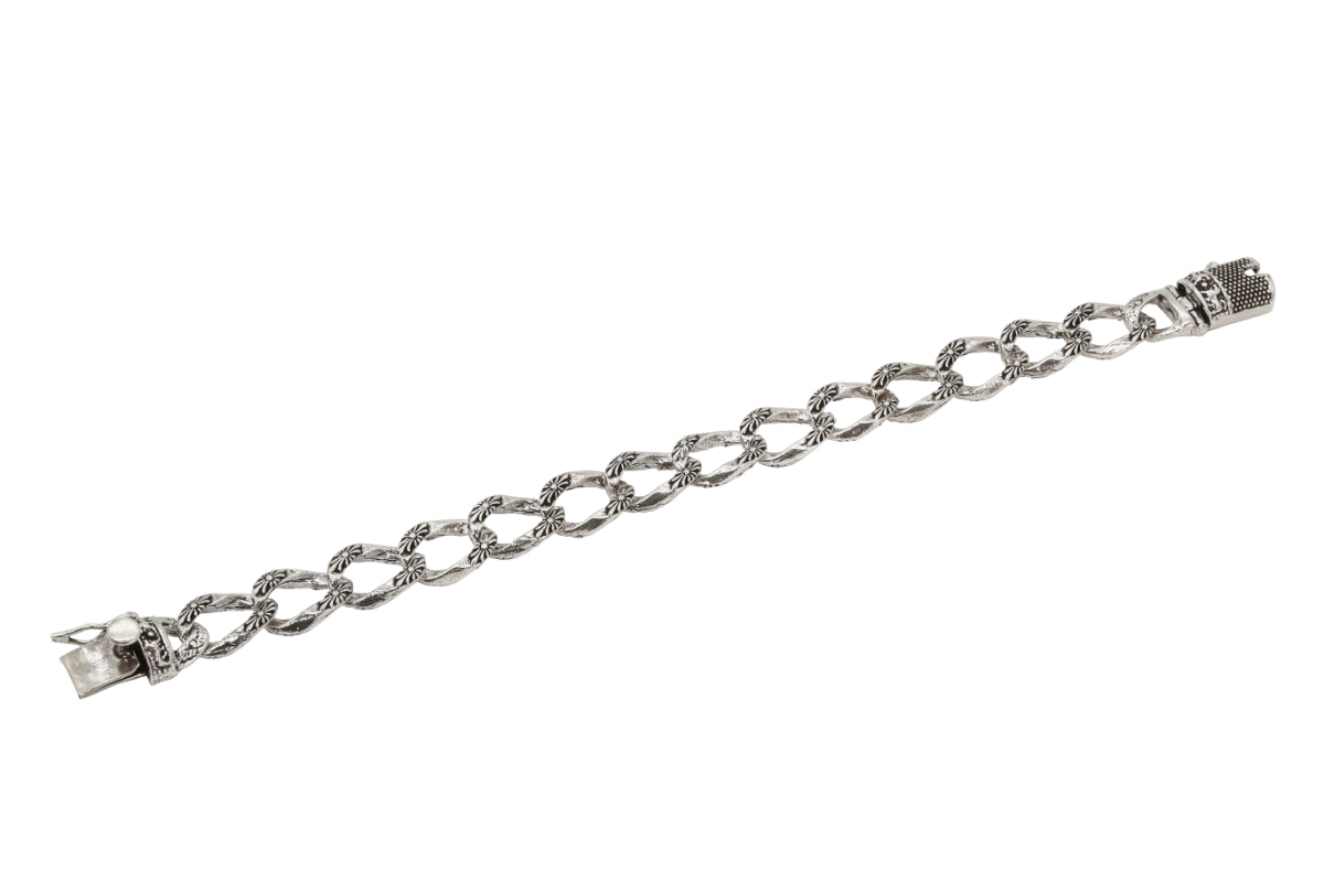Floral Etched Oxidized Silver Chain Bracelet