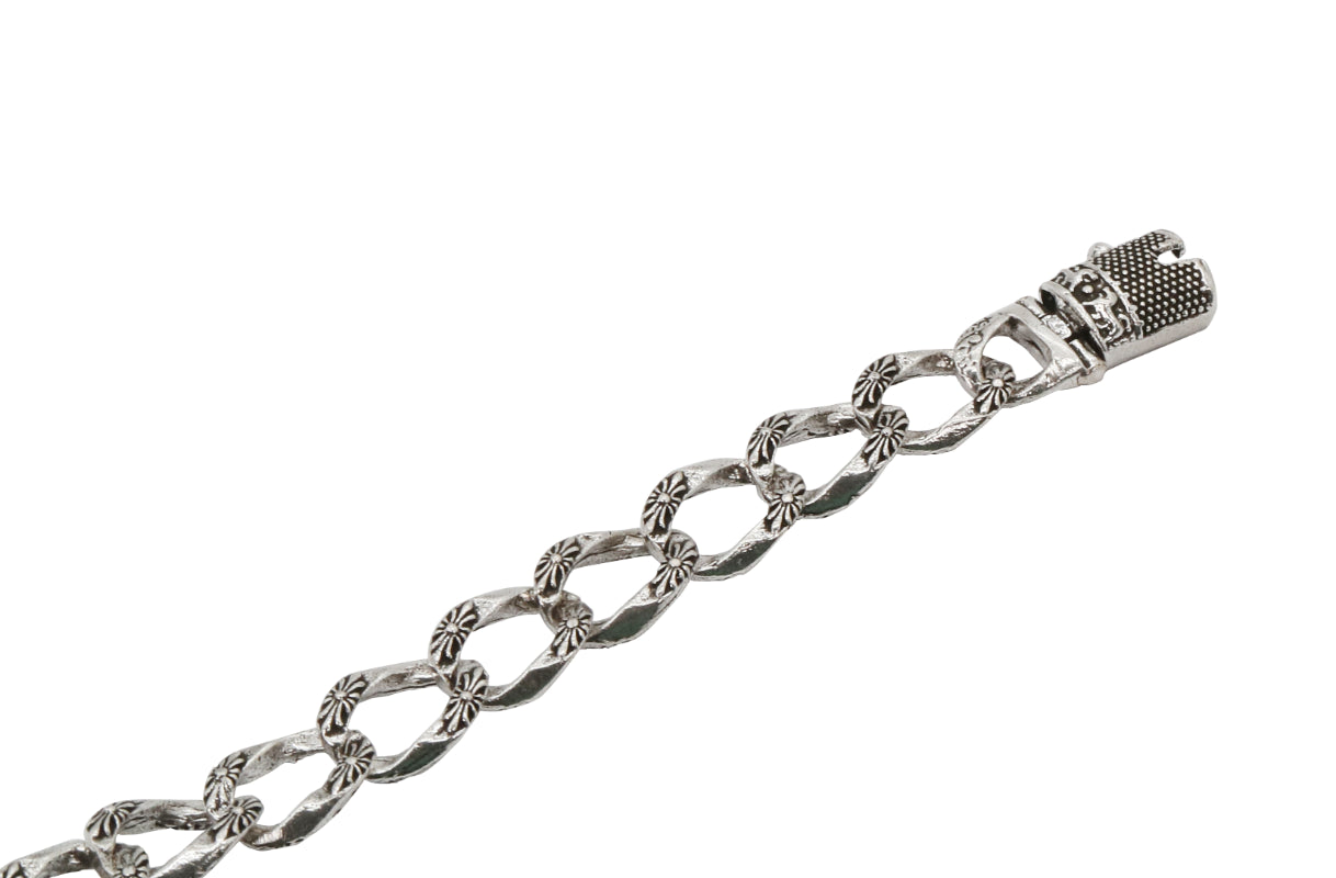 Floral Etched Oxidized Silver Chain Bracelet