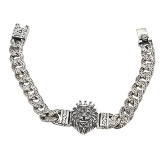Regal Lion Head Oxidized Silver Chain Bracelet