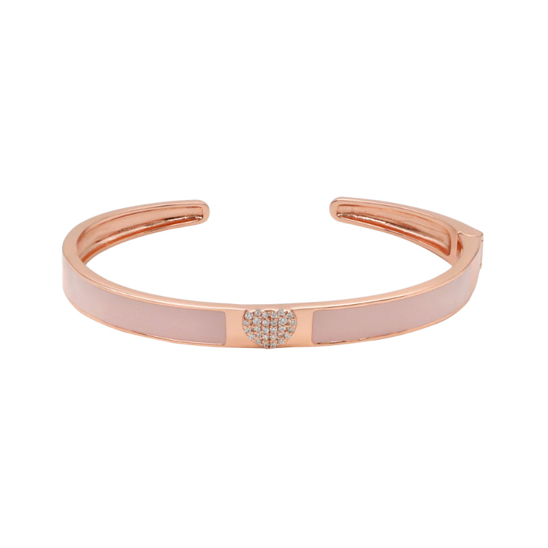 Rose-Toned Silver Bangle with Pink & White Enamel and CZ Heart