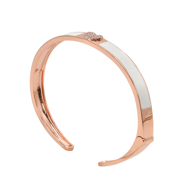 Elegant Rose-Plated CZ Accent Bangle with Pink Enamel