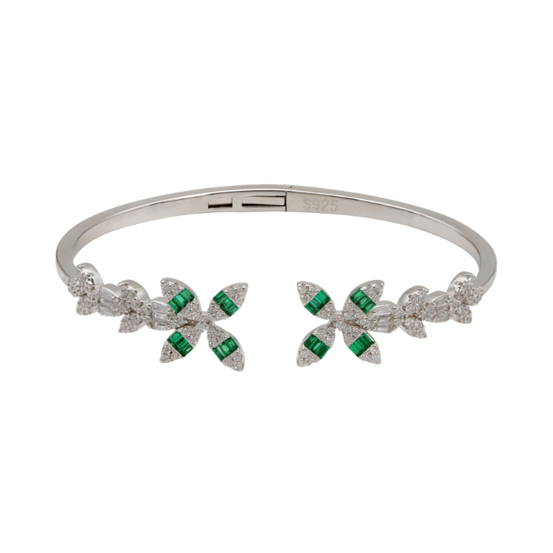 92.5 Hallmark Silver Cubic Zirconia and Green Stone Floral Bracelet
