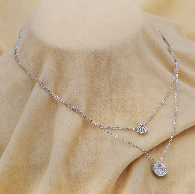 Crimson Crescent Layered Chain Pendant