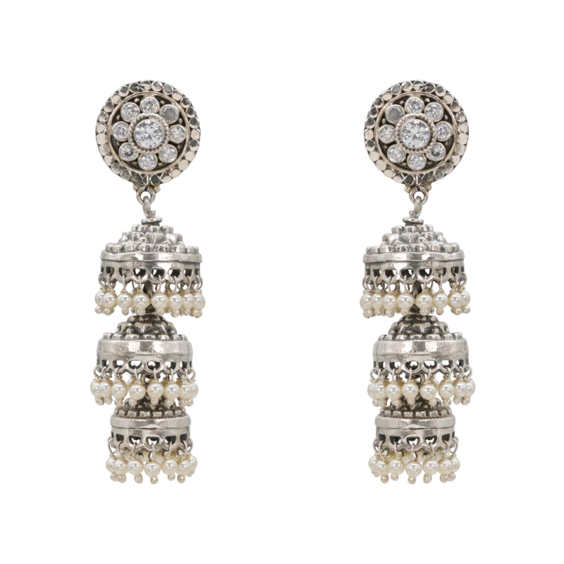 Crimson Bloom Silver Jhumka Earrings