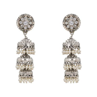 Crimson Bloom Silver Jhumka Earrings