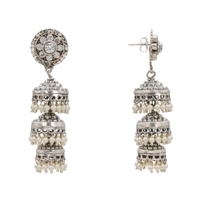 Crimson Bloom Silver Jhumka Earrings