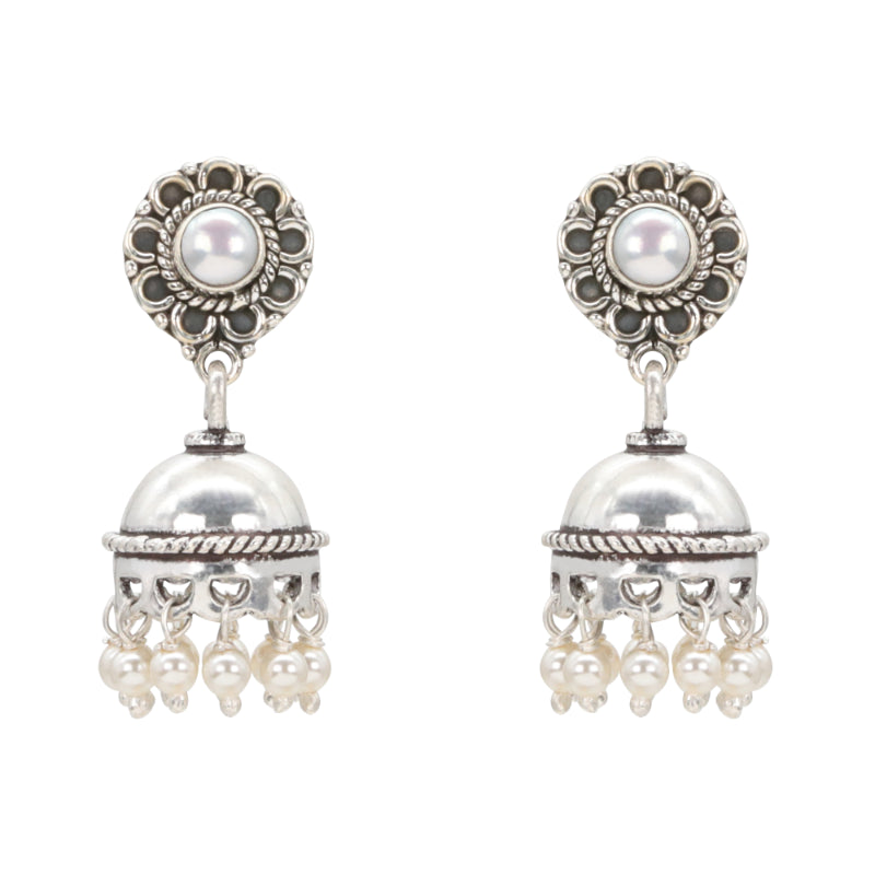 Lustrous Floral Silver Jhumka Earrings
