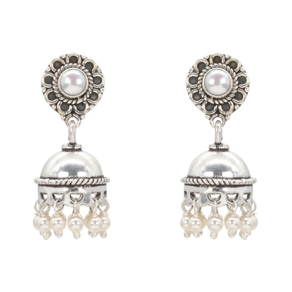 Lustrous Floral Silver Jhumka Earrings