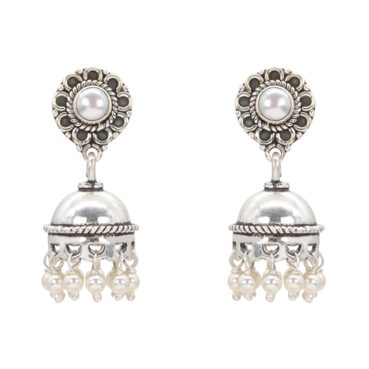 Lustrous Floral Silver Jhumka Earrings