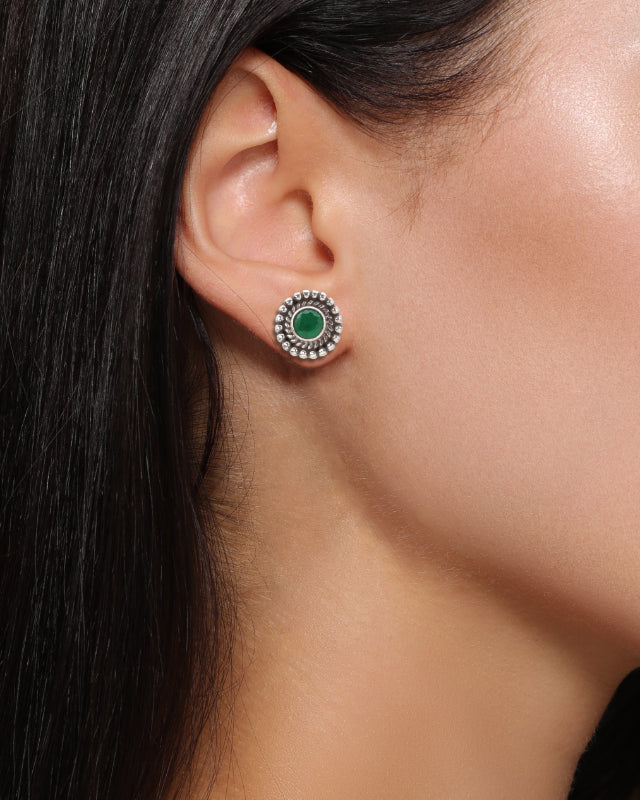 Emerald Glimmer Antique Silver Stud Earrings