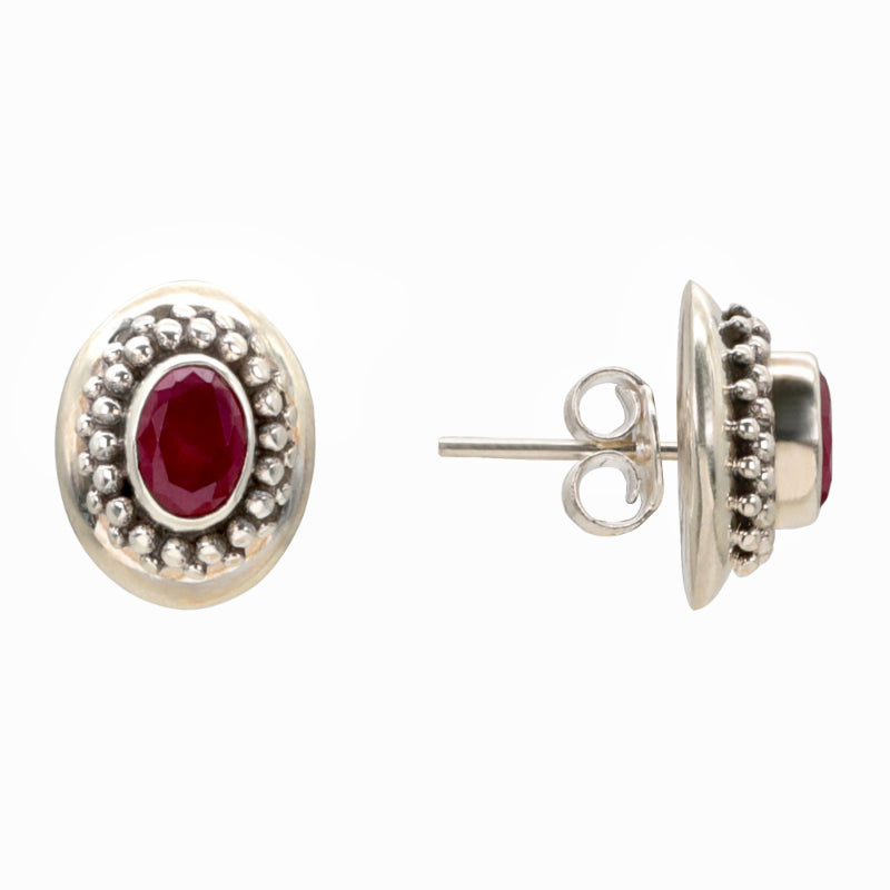 Crimson Halo Silver Stud Earrings
