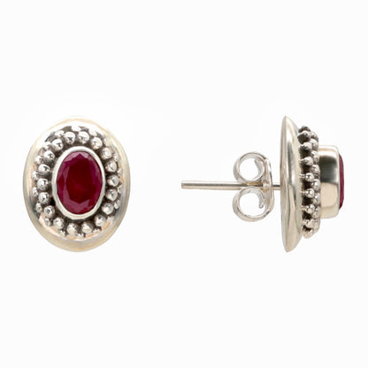 Crimson Halo Silver Stud Earrings