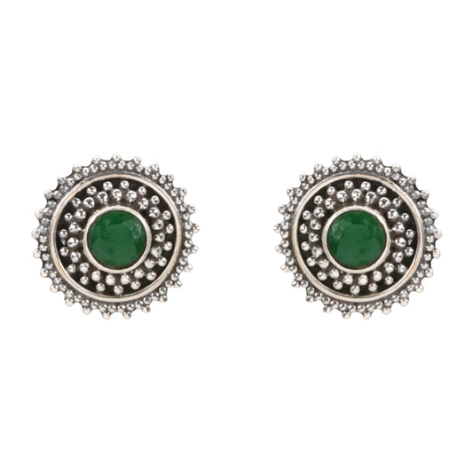 Emerald Aura Antique Silver Stud Earrings