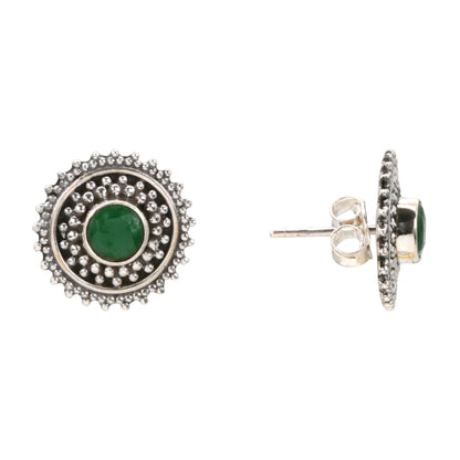 Emerald Aura Antique Silver Stud Earrings