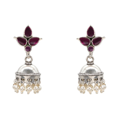 Crimson Petal Shine Silver Jhumka Earrings