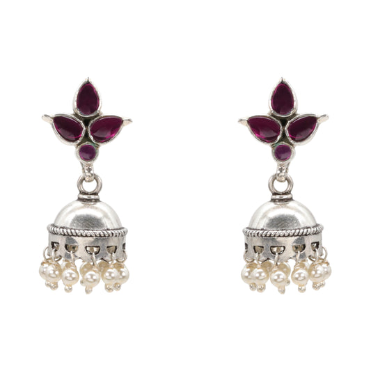 Crimson Petal Shine Silver Jhumka Earrings