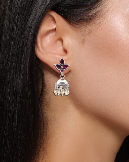Crimson Petal Shine Silver Jhumka Earrings